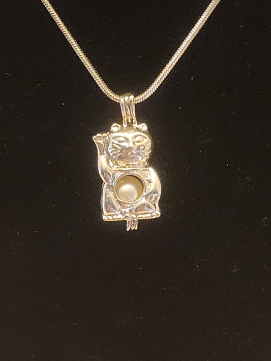 Lucky Cat Pearl Cage Necklace